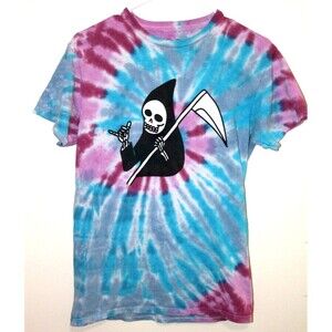 Laterz  Women Grim Reaper Shaka Sign Tie Dye Blue Pink Graphic Tee Size Small